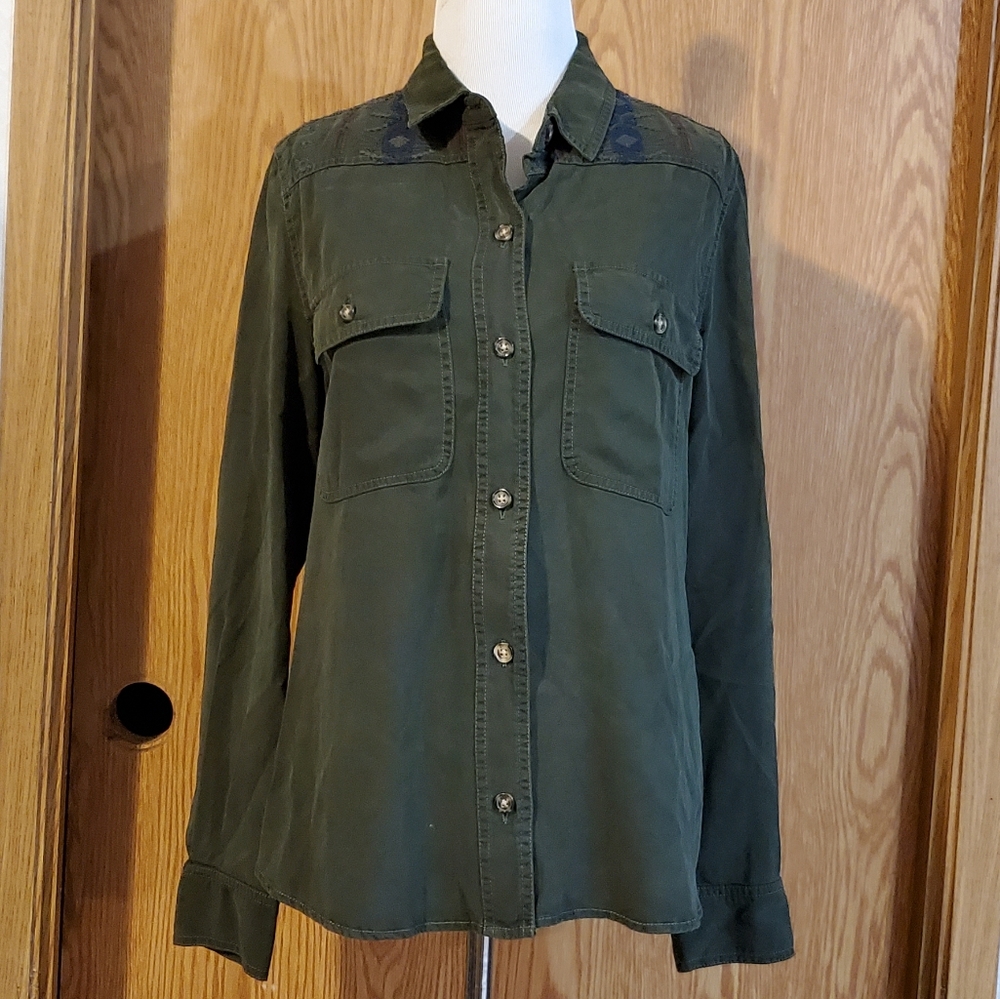 Dear John embroidered shoulder button up shirt tencel size XS